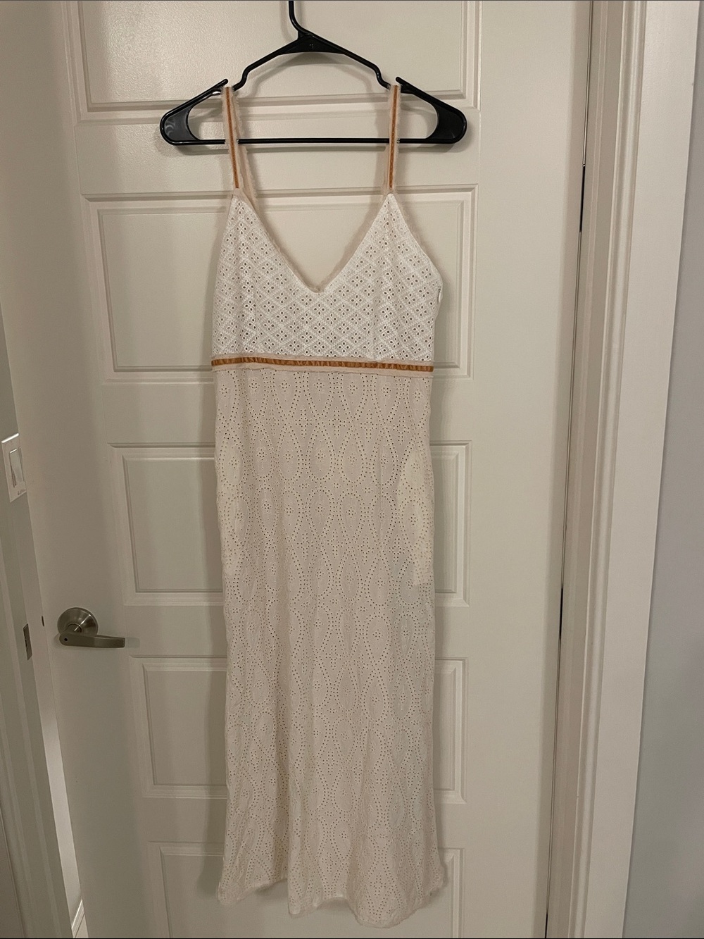 Zara Cream Eyelet Midi Dress with Tan Trim